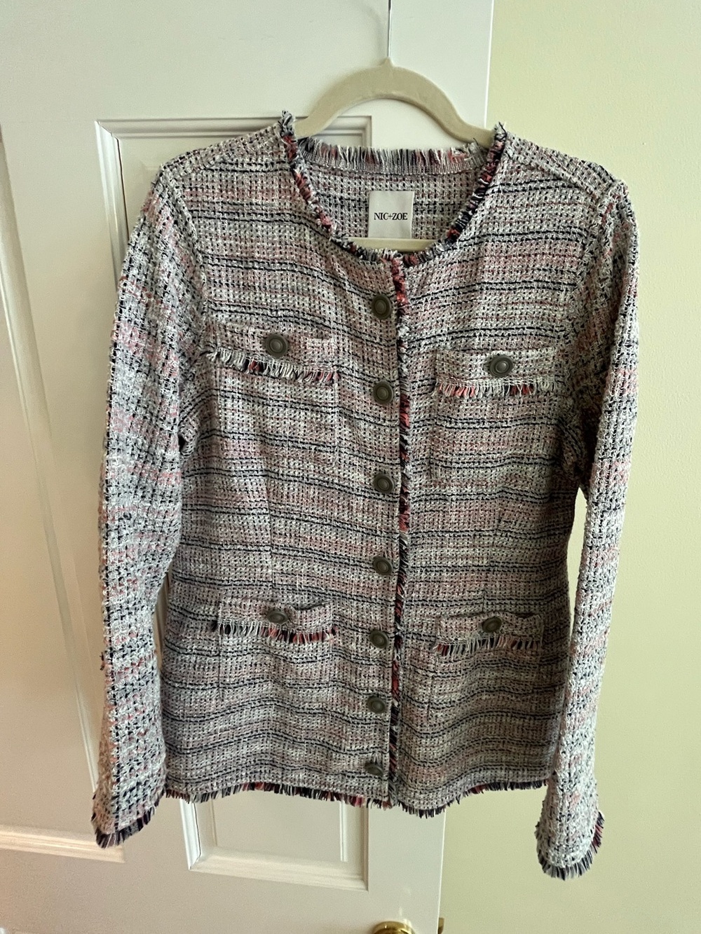 NIC+ZOE Knit Plaid Fringe Knit Jacket Blazer Medium